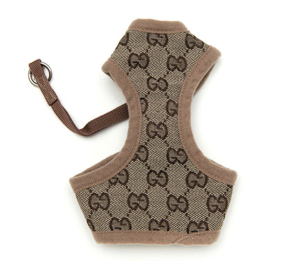 Monogram dog harness Tan and brown dog harness Designer dog harness Luxury pet harness Fashionable dog accessory Small dog harness Adjustable pet harness Stylish canine gear Custom dog harness Premium pet apparel